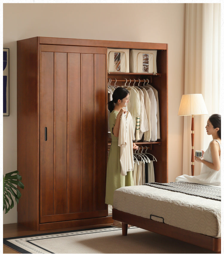 Poplar Solid Wood Wardrobe Retro Sliding Door Wardrobe.