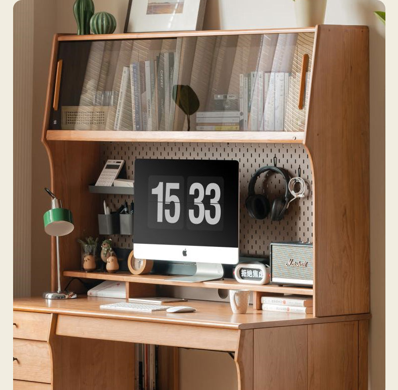 Cherry Wood Desk and Bookshelf Integrated Office Desk
