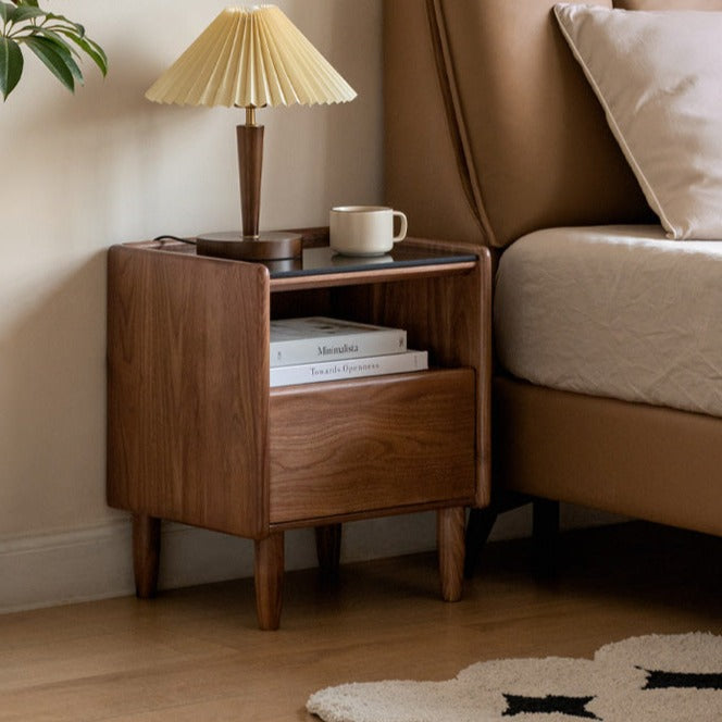 Black walnut, Caluswood Solid Wood Night Stand Glass Countertop