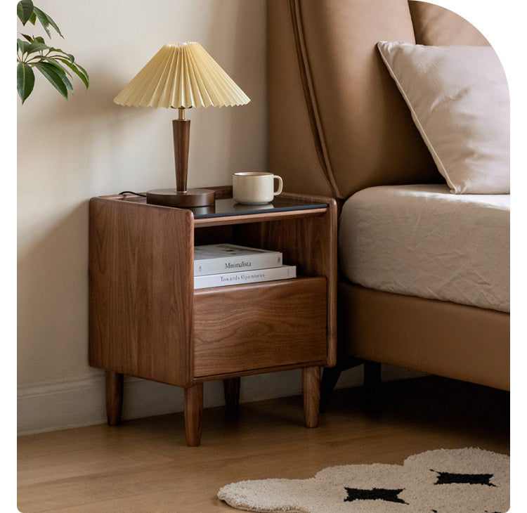 Black Walnut, Catalpa, Sandalwood Solid Wood Nightstand Glass Countertop.