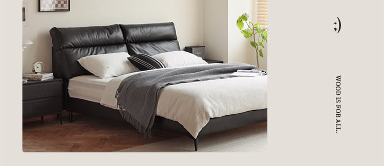 Genuine leather cowhide bed bedroom complete furniture light luxury style black.