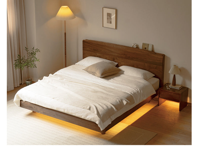 Black Walnut, Ash Solid Wood Big Bed with Light