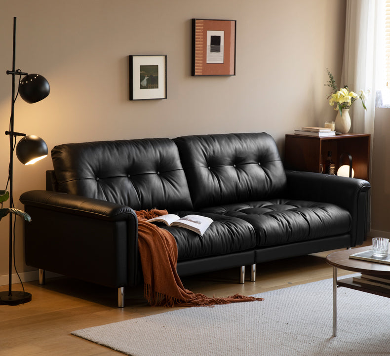 Leather Light Luxury Black Straight Sofa,