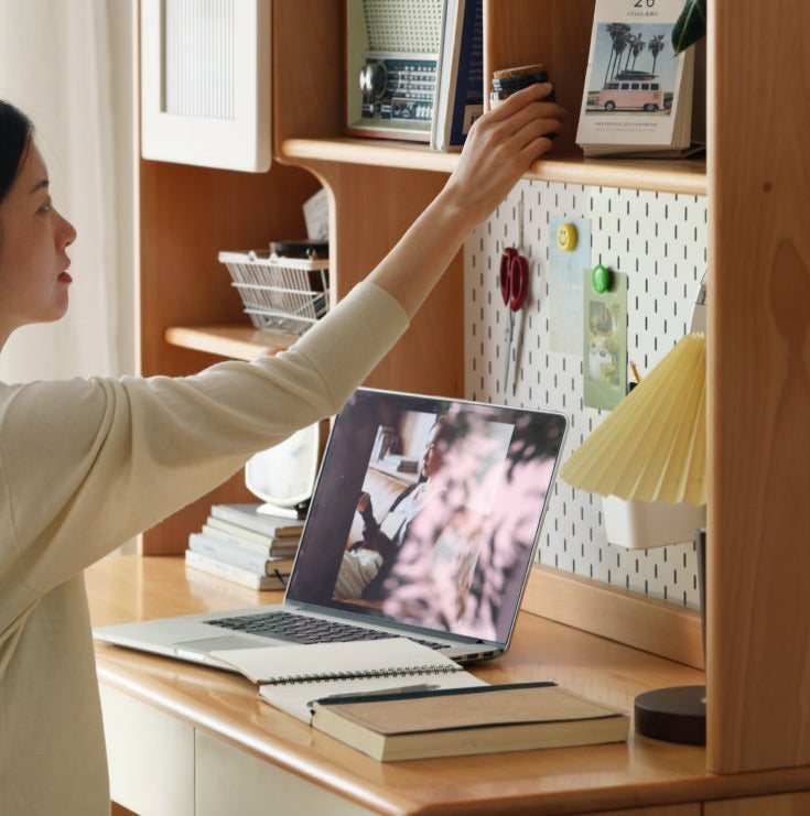 Beech Solid Wood Desk Bookshelf Integrated Study
