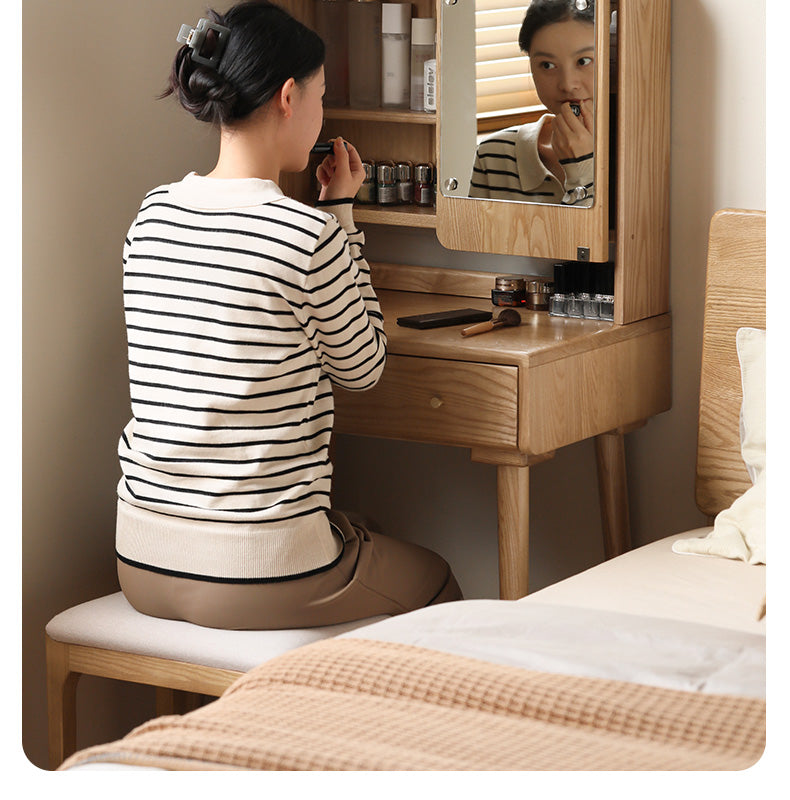 Ash Solid Wood Vanity Table with Mirror Shelf & Flip Cover.