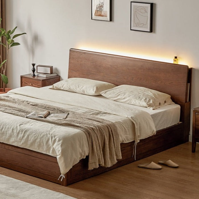 Oak, Rubberwood Solid Wood, Multifunctional Storage Box Bed