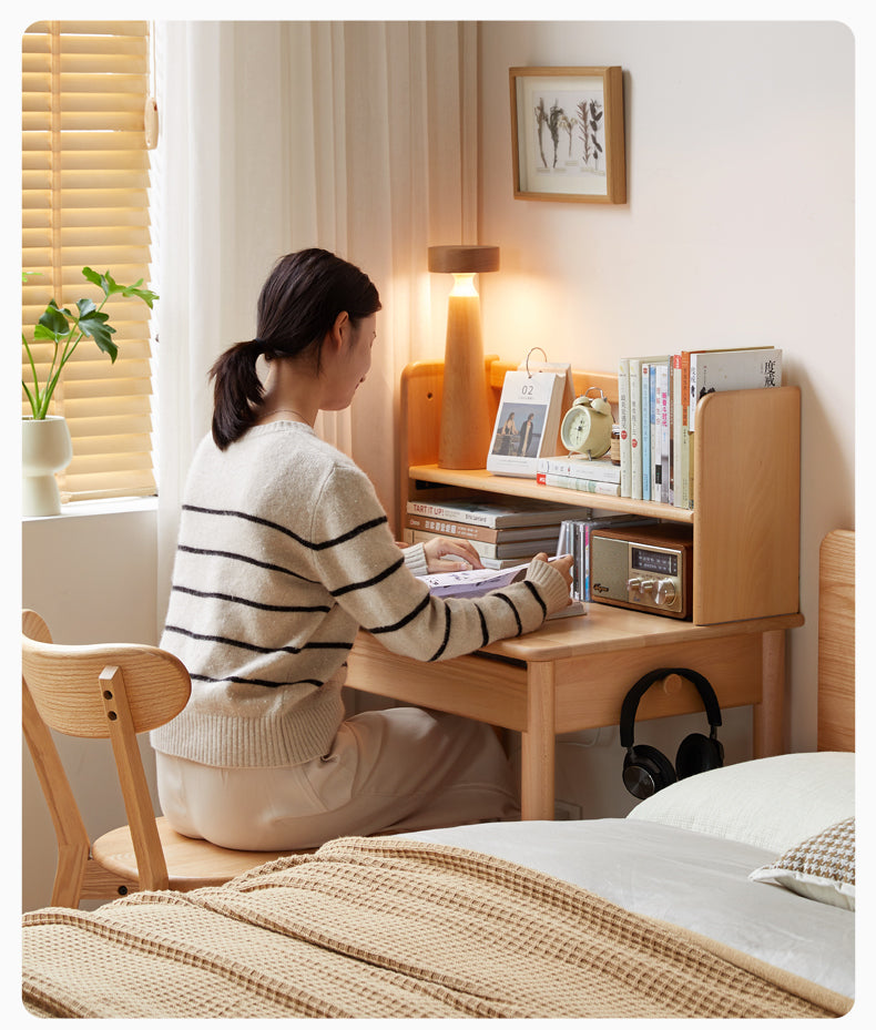 Beech Solid Wood Modern Narrow Desk Bookshelf Integrated.