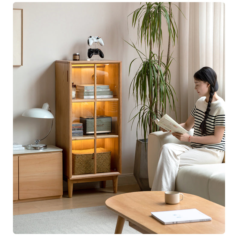 Oak, Rubberwood Solid Wood Glass Storage Bookcase