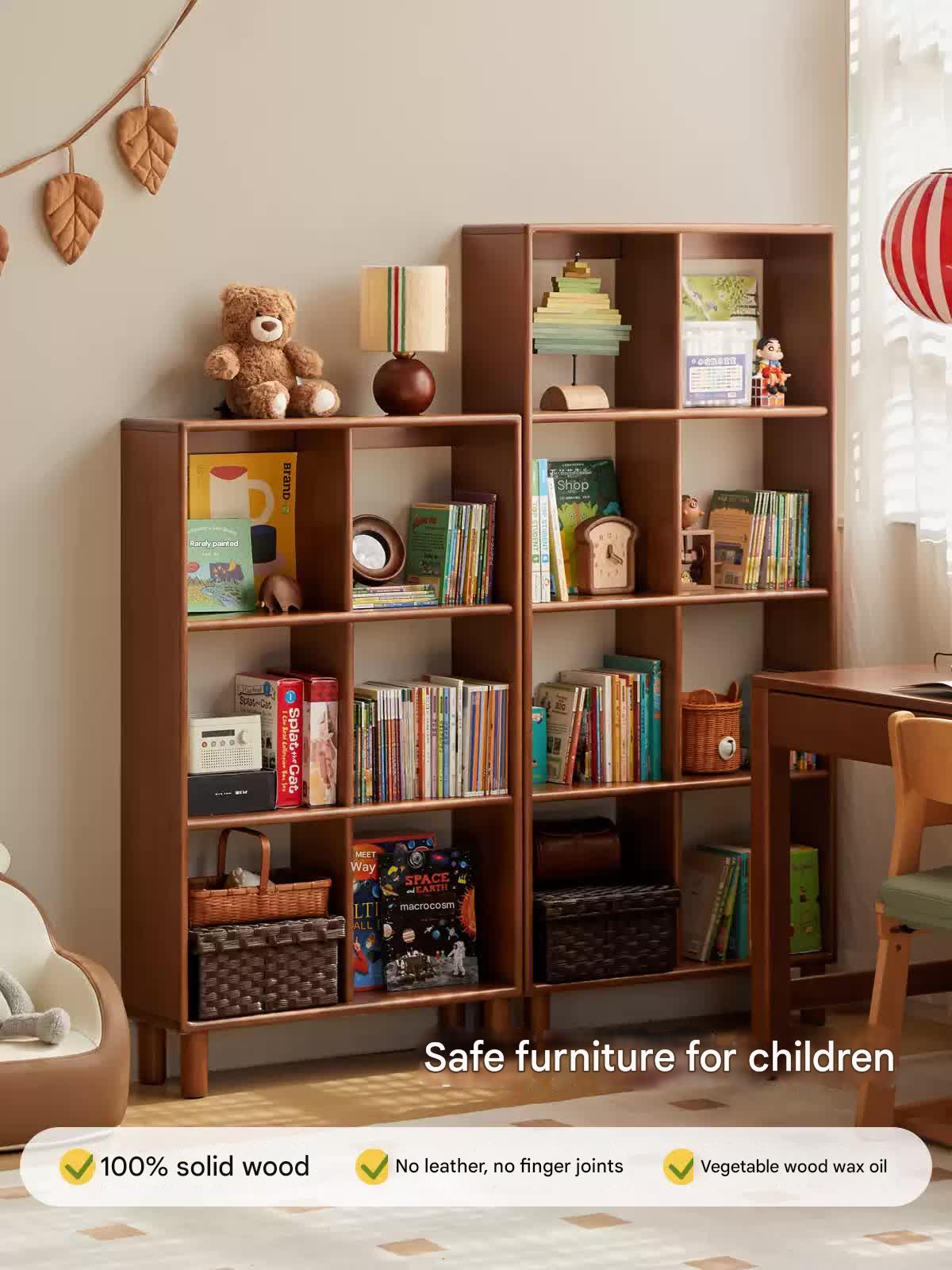 Poplar Solid Wood Children's Retro Lattice Bookshelf.