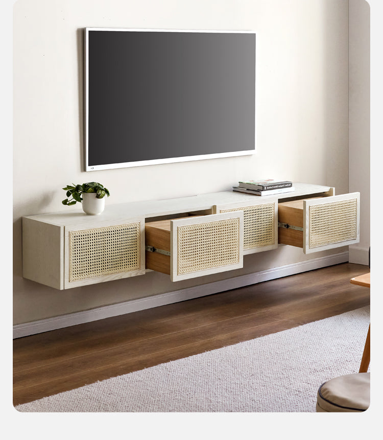 Ash Solid Wood Rattan TV Cabinet Cream Style LED Lights.