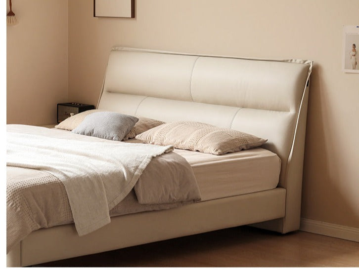Genuine Leather Bed Cream First Layer Cowhide High Backrest Bed