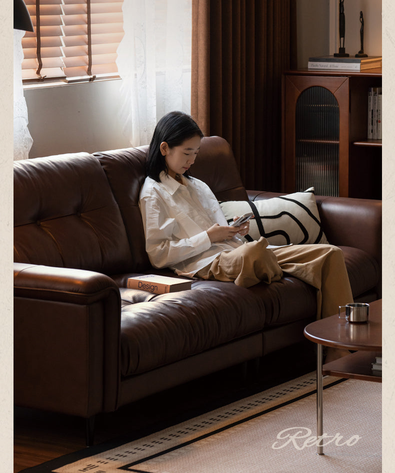 Leather Sofa American Retro Top Layer Cowhide Straight Sofa,