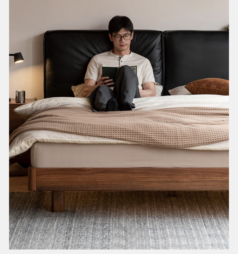 Teak, Black Walnut Solid Wood Genuine Leather Suspended Bed with Light