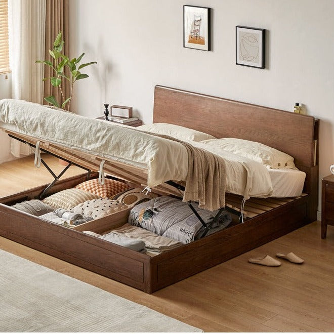 Oak, Rubberwood Solid Wood, Multifunctional Storage Box Bed