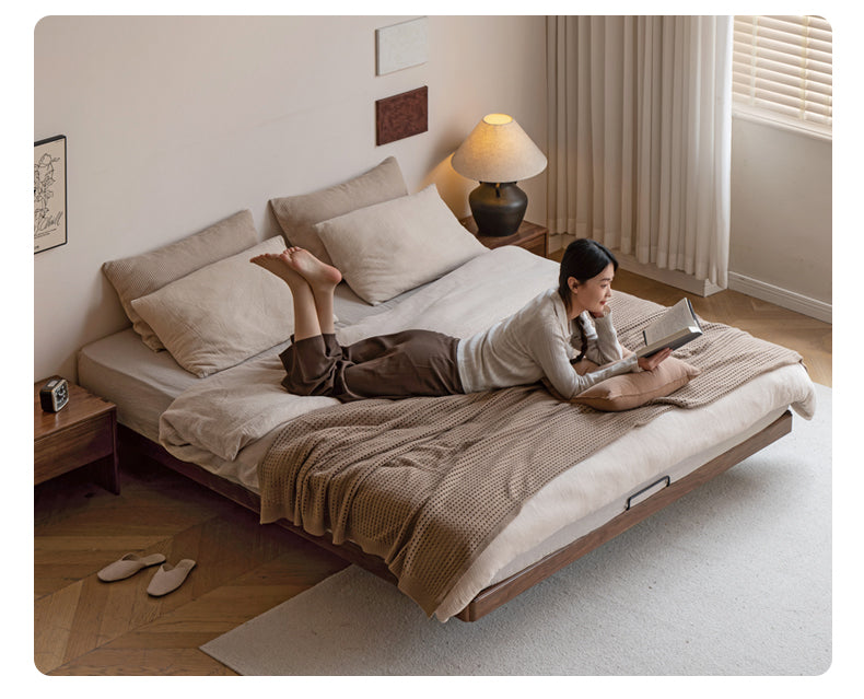 Black Walnut, Oak Solid Wood Suspended Platform Bed, Headboard-Free Bed