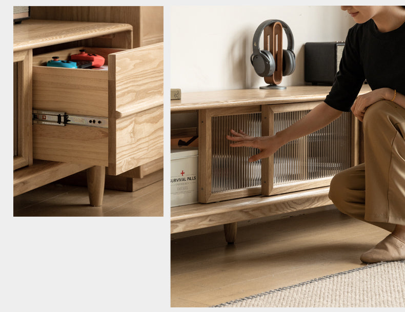 Ash Solid Wood Modern Log Style TV Cabinet