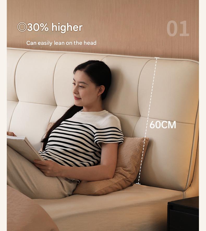 Fabric genuine leather soft bed puff cream style with light bed