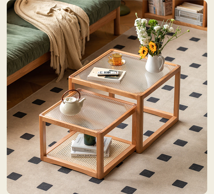 Cherry Solid Wood Square Retro Rattan Coffee Table