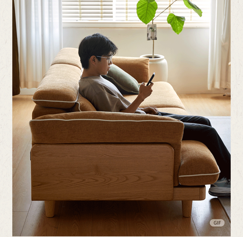 Oak Solid Wood High Back Chenille Sofa with Curved Arms