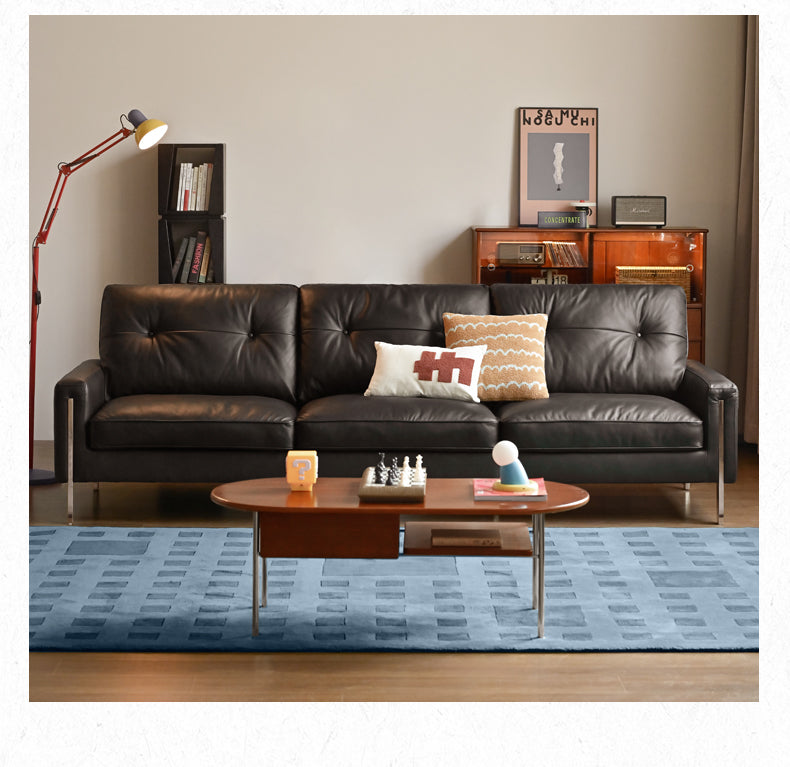 Leather Black High Back Down Straight Sofa.