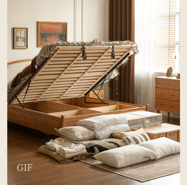 Cherry Solid Wood Box Bed with French Country Arched Upholstered Headboard and Spindle Posts