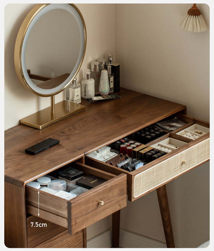 Black Walnut Solid Wood Rattan Dressing Table.