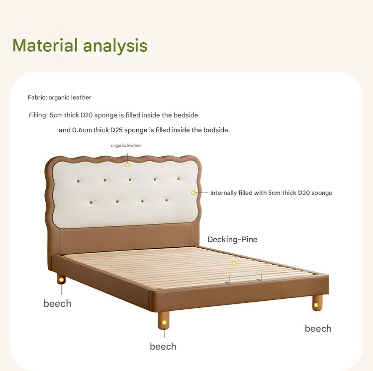 Beech Solid Wood Children's Organic Leather Soft High Headboard Biscuit Bed