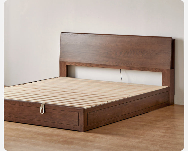 Oak, Rubberwood Solid Wood, Multifunctional Storage Box Bed