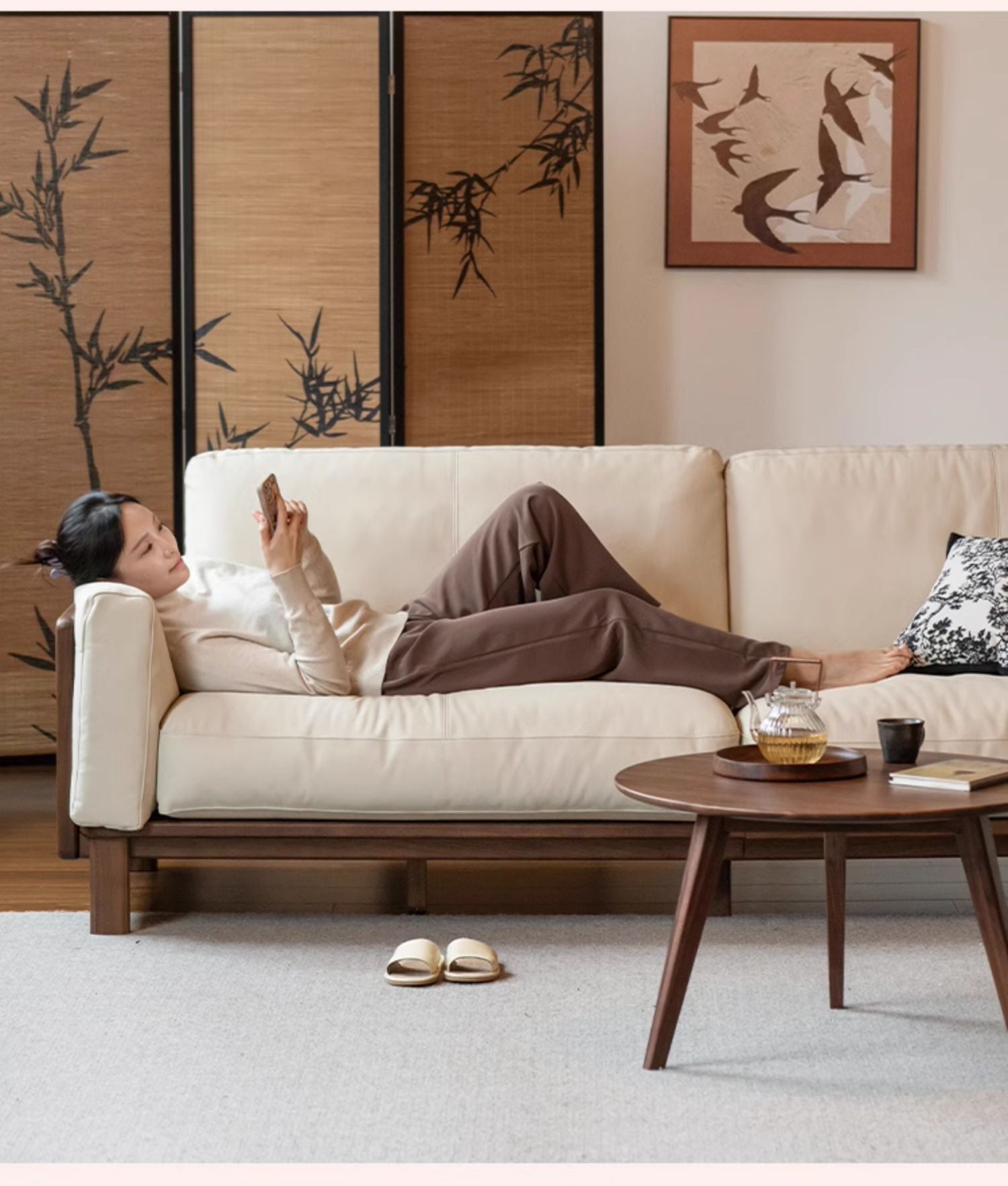 Black Walnut, Ash Solid Wood Leather High Back Sofa,