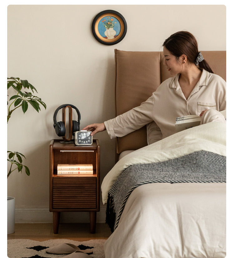 Black Walnut Solid Wood Nightstand Narrow Night Light.