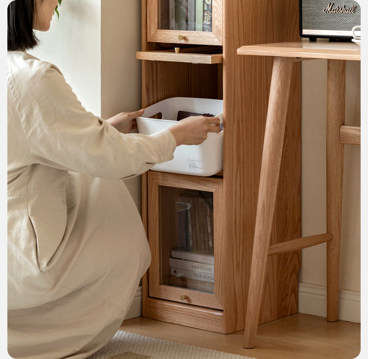 Oak Solid Wood Bookcase Corner Glass Flip Door