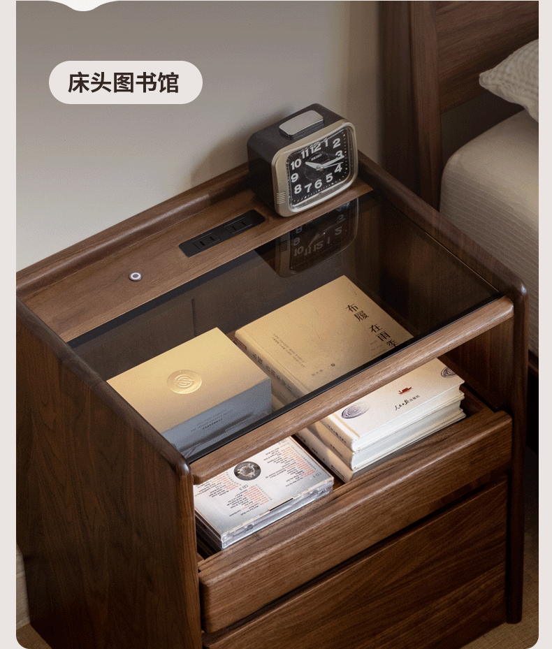 Black Walnut, Oak, Sandalwood Solid Wood Nightstand Socket, Lamp