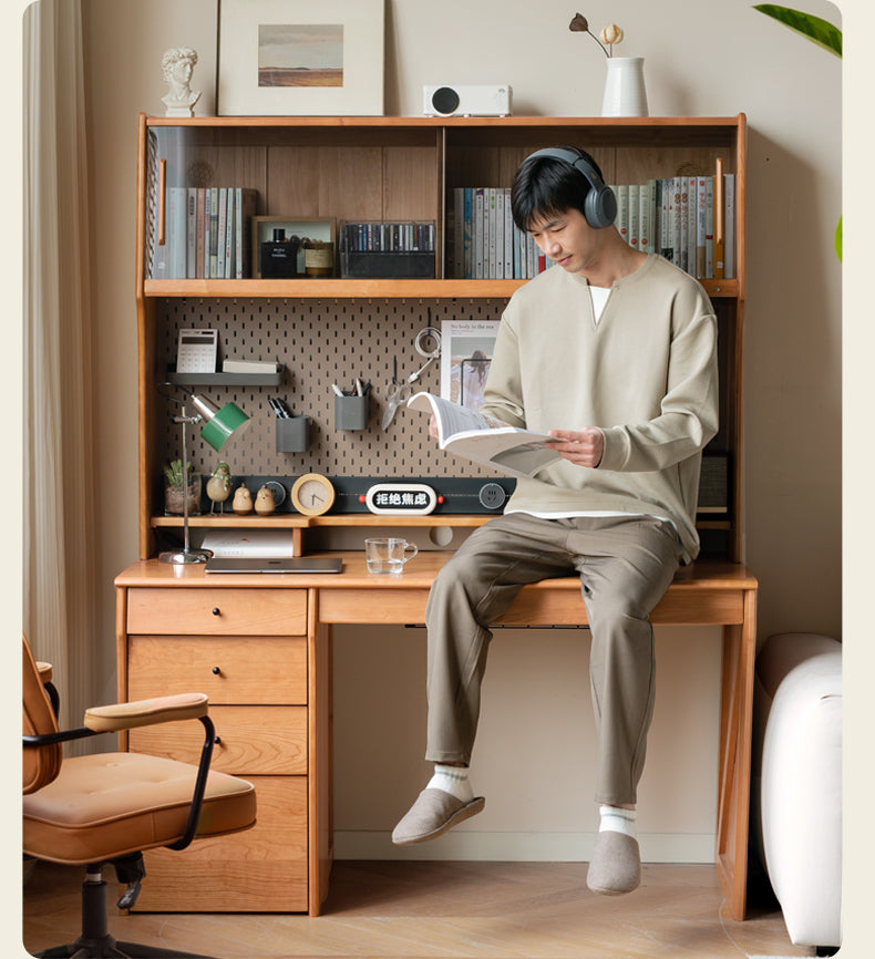 Cherry Wood Desk and Bookshelf Integrated Office Desk