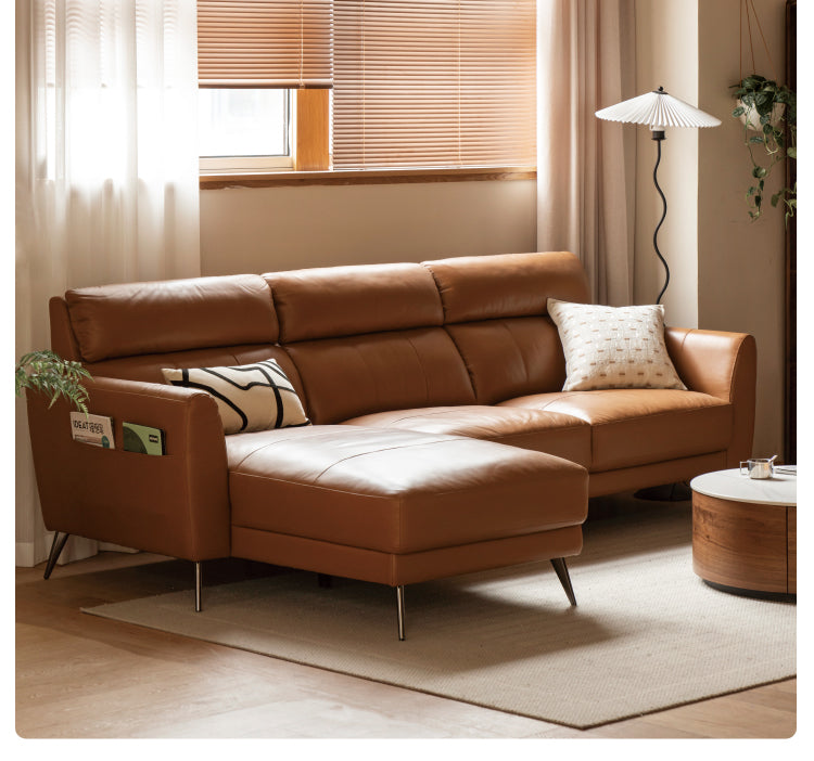 First-layer Yellow Cowhide Leather Sofa Light Luxury Italian Style.