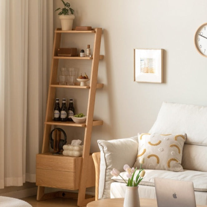 Oak Solid Wood Side Cabinet, Trapezoidal Storage Rack