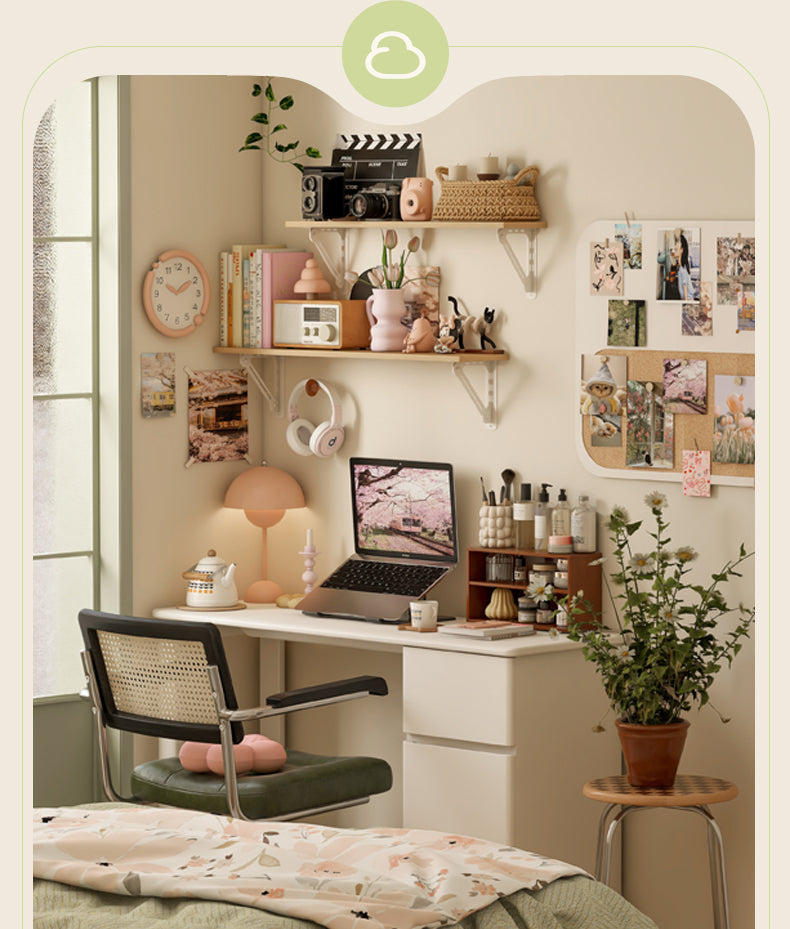 Rubber Wood, Poplar Solid Wood Cream Style Single-Leg Desk