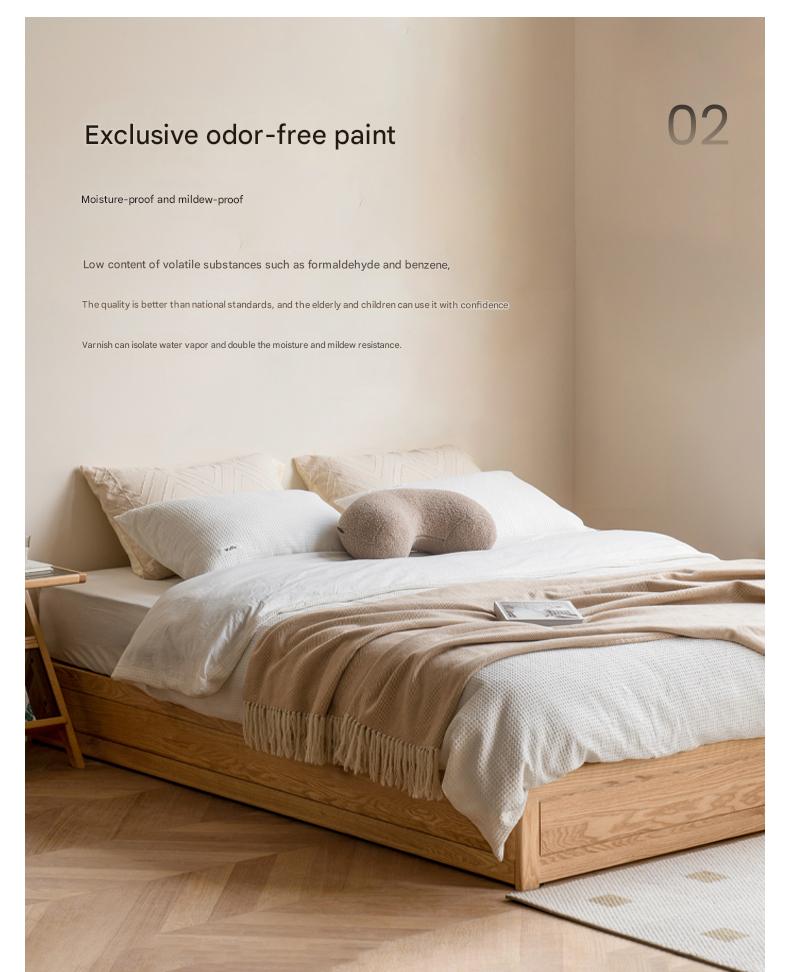 Oak, Rubberwood Solid Wood Platform Bed, Headboard-Free Box Bed