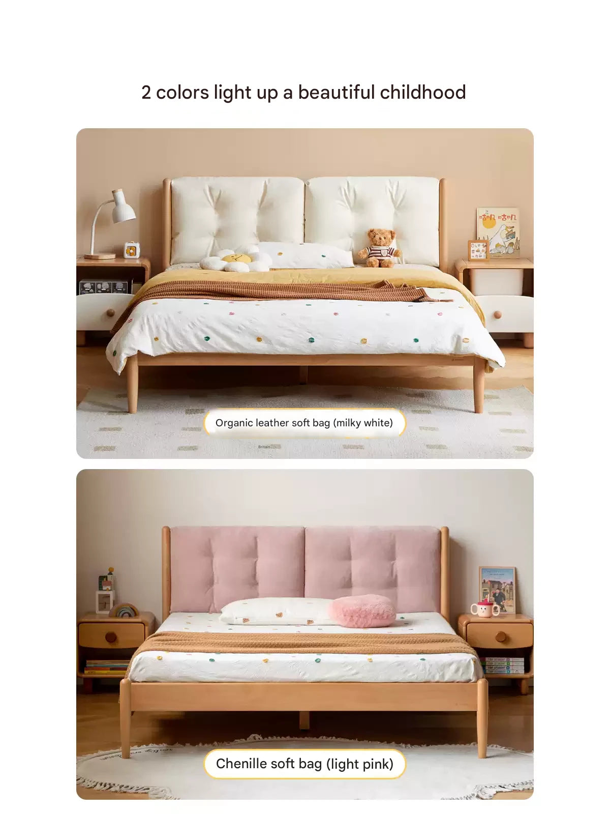 Beech Solid Wood Children's bed with organic leather<