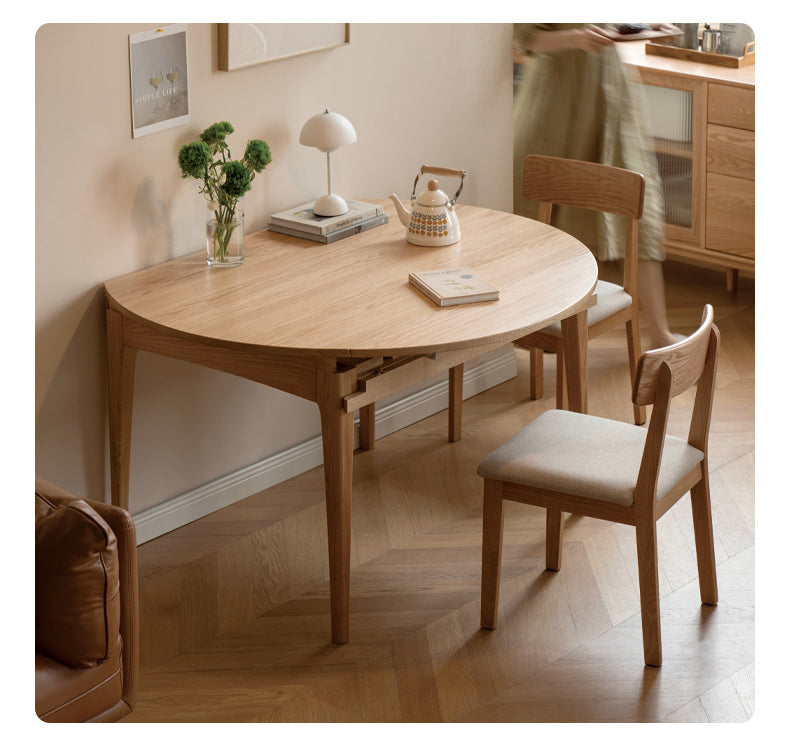 Solid Rubberwood, Oak Solid Wood Folding Round Retractable Dining Table