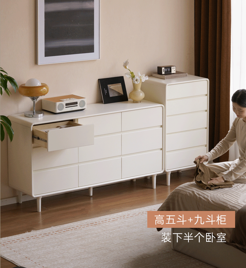Tulipwood Solid Wood, Solid Rubberwood Milky Cream Style Chest of Drawers