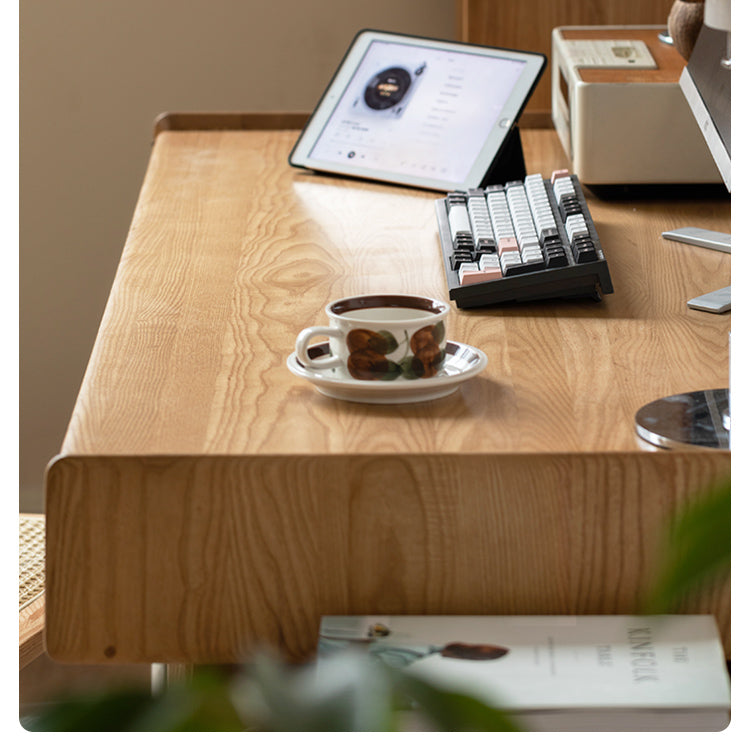 Ash Solid Wood Retractable Desk with Cabinet, Home Office