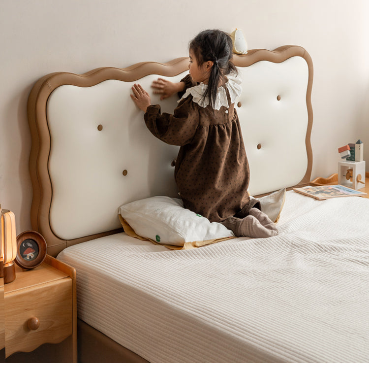 Beech Solid Wood Children's Organic Leather Soft High Headboard Biscuit Bed
