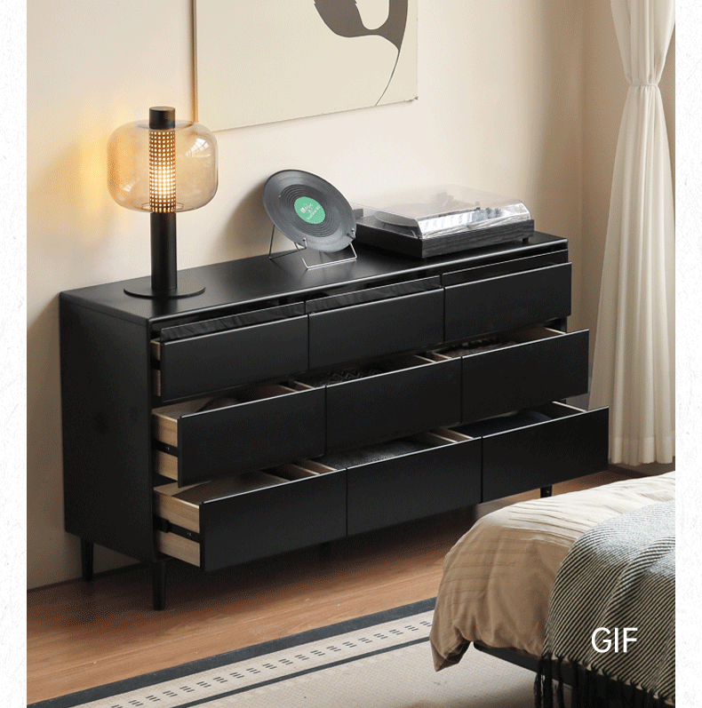 Rubber Solid Wood Modern Black Drawer Cabinet