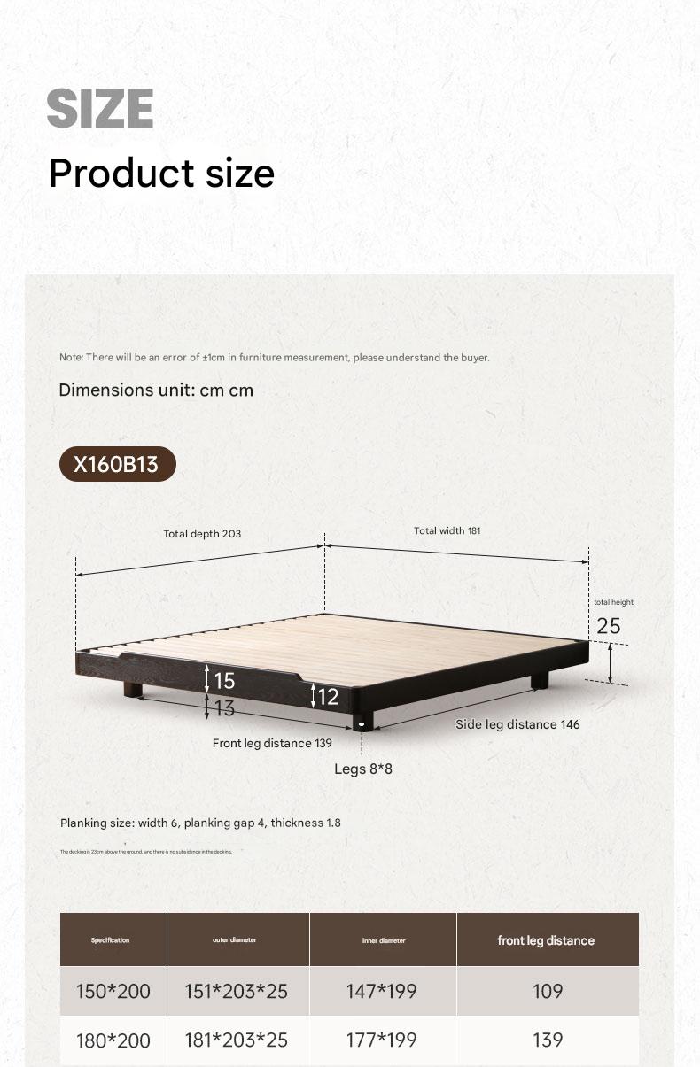 Oak solid wood Suspended platform bed, headboard-free bed Black with light