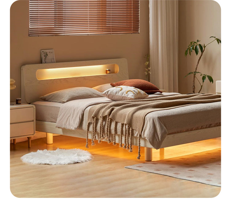 Oak Solid Wood Bed Cream Suspension Bed Luminous
