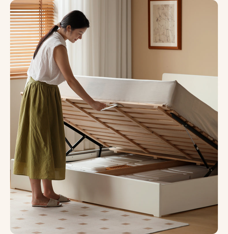 Rubber Wood,Poplar Solid Wood Box Bed, Cream Storage Bed