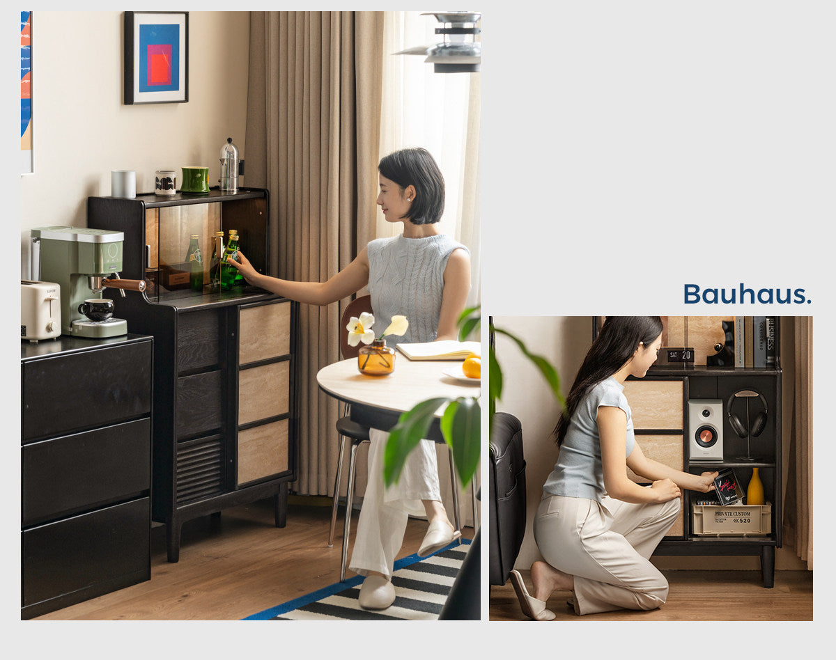 Oak Solid Wood Bauhaus Style Bar Cabinet with Sliding Doors