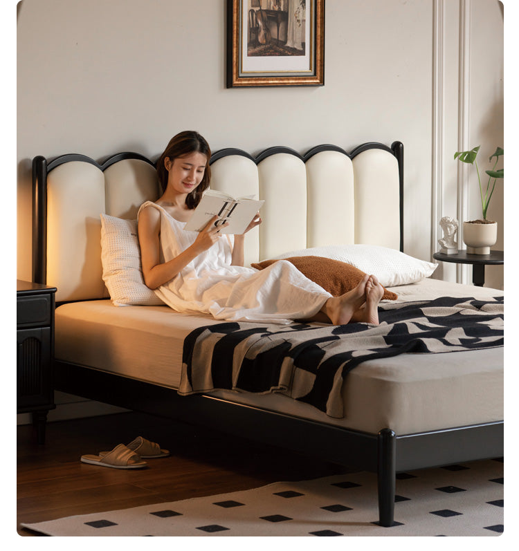 Rubber wood, Poplar Solid Wood Bed French Retro Style Black Harp Bed
