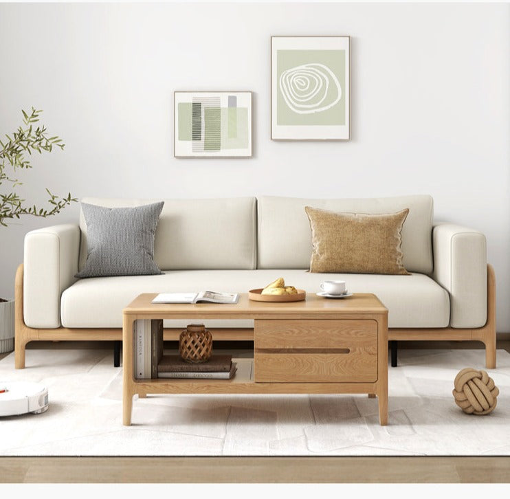 Oak, Solid Rubberwood Coffee Table Three Drawers