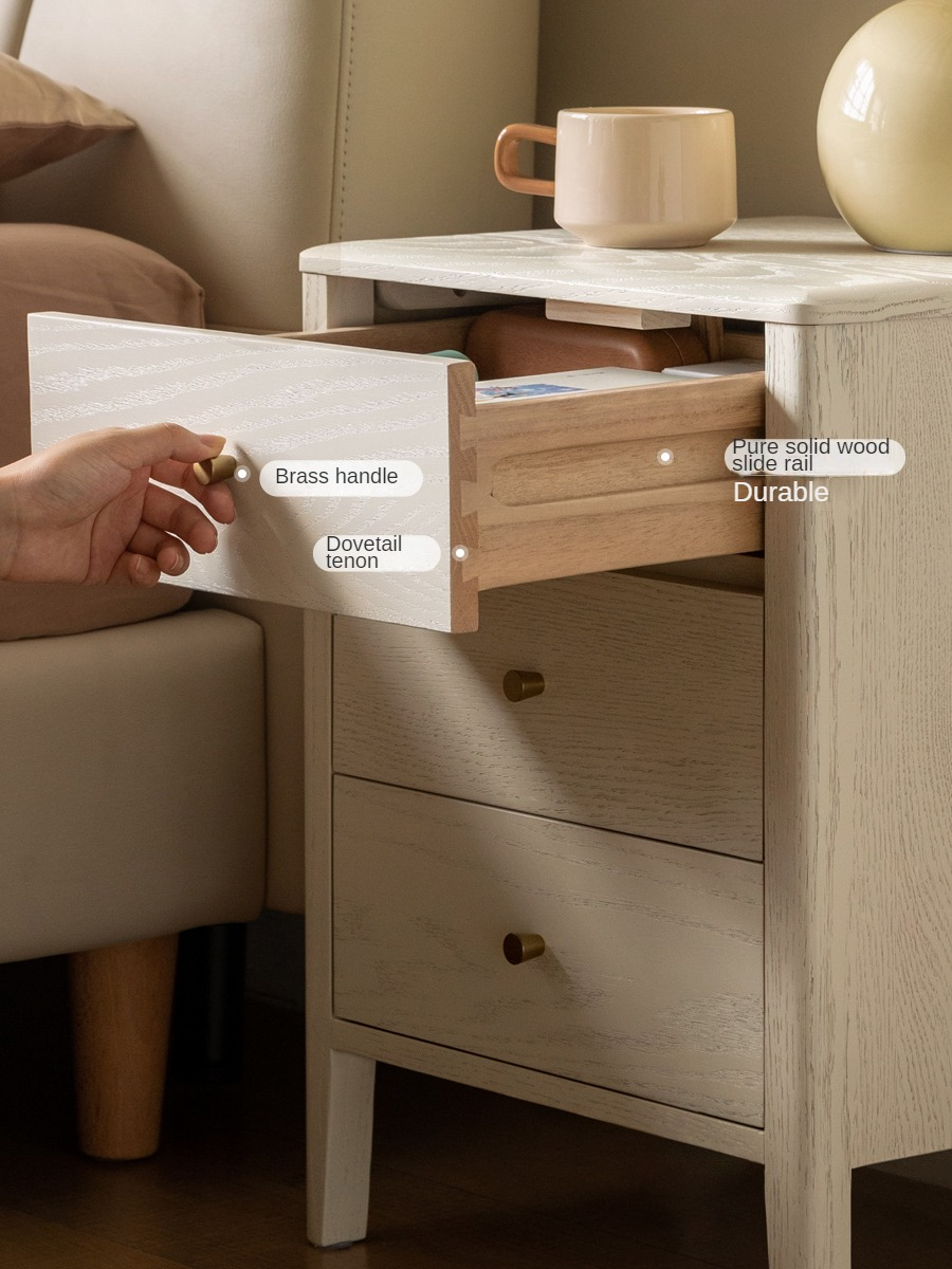 Oak Solid Wood, Solid RubberWood Nightstand Cream Style)